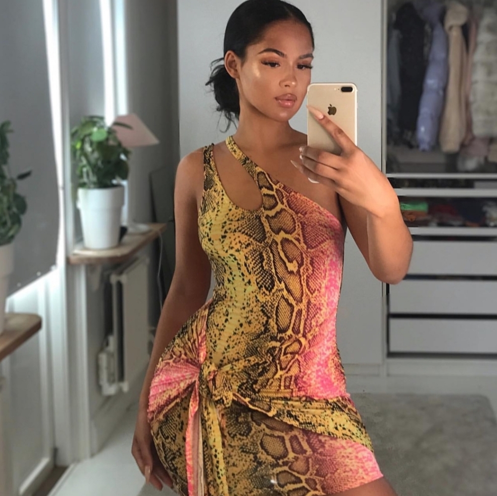 Fashion Nova One Shoulder Snake Skin Dress Size Medium
